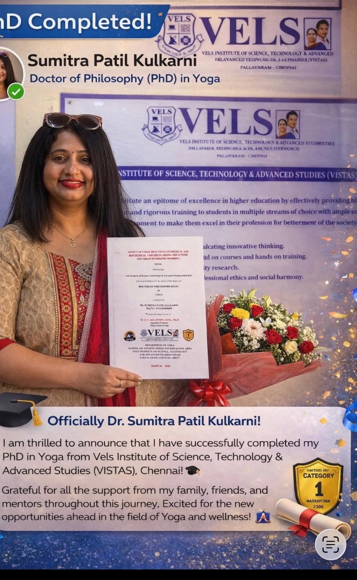 Dr. Sumitra M Patil holding her PhD thesis in Yoga from Vels Institute of Science, Technology & Advanced Studies
